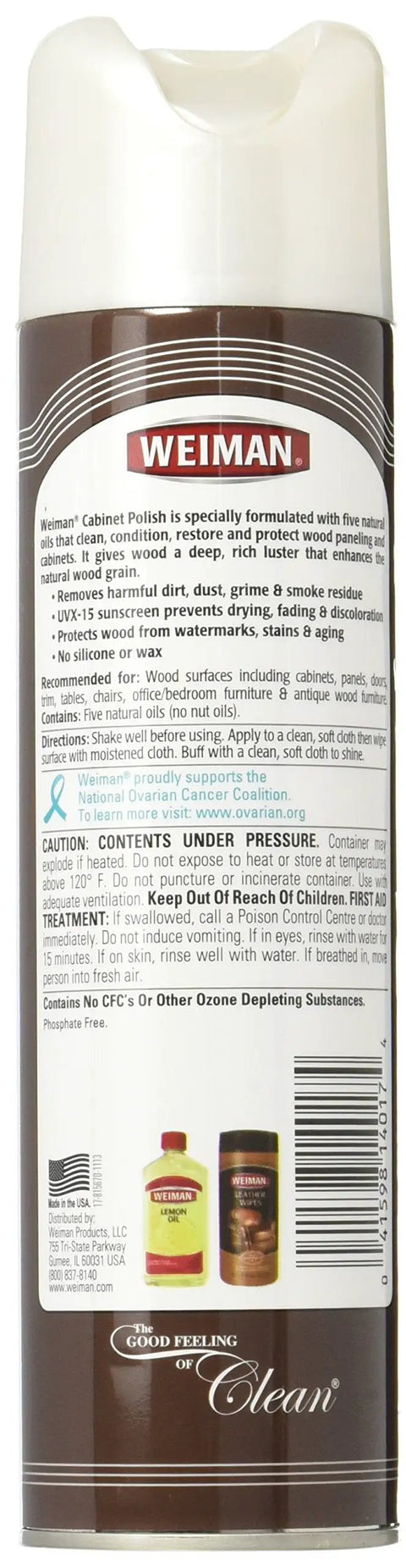 Back label view of Wood Panel And Cabinet Polish That Brings Out The Wood Grain Hides Scratches And Cleans Dust And Smoke Residue Six Nourishing Oils Silicone And Wax Free 12 Oz
