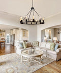 31.5 Inch Wagon Wheel Chandelier With 12 Lights Black Industrial Rustic Farmhouse Ceiling Fixture in modern living room