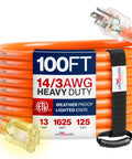 100ft Outdoor Indoor Extension Cord Heavy Duty 14/3 Gauge 3 Prong SJTW Waterproof Cable with lighted ends, coiled