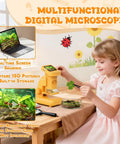 2-In-1 Kids Digital Microscope for Outdoors and Home, Switch Between Handheld and Desktop, HD Screen Video Capture, 9-Slide Science Kit, Portable STEM Toy Gift for Ages 6-12 Boys and Girls, Learn Like a Boss Scientist on desk with child