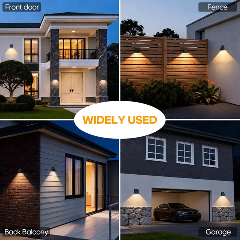 Tailgate Ready Solar Wall Lights Outdoor 2 Pack Rain Resistant Sconces on front door, fence, back balcony, and garage.