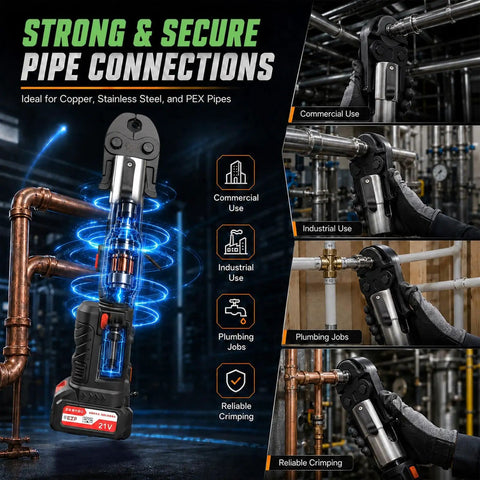 Hot 18V Cordless Electric Press Tool For Copper Pipes shown crimping copper and PEX pipes with precision and efficiency.