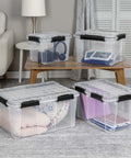 Massive 80 Quart Clear Plastic Storage Bin With Hella Tight Waterproof Seal And Heavy Duty Latches For Stacking Bulky Comforters And Camping Gear In Every Corner with blankets and notebooks displayed.