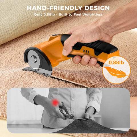 Heavy Duty Cordless Electric Scissors With Led Light Rechargeable Rotary Cutter For Cardboard Fabric Leather Carpet Plastic High Speed Safety Lock 4V Battery Power Hand Tool cutting through carpet with a lightweight design