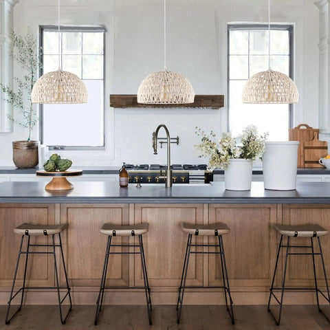 White Woven Pendant Light Boho Chic Chandelier Dome Fixture above kitchen island with stools, farmhouse style decor