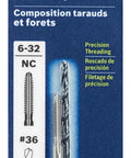 Precision 6-32 Plug Tap And No. 36 Drill Bit Combo Set For Right Hand Threads with tools on packaging for workshop use.