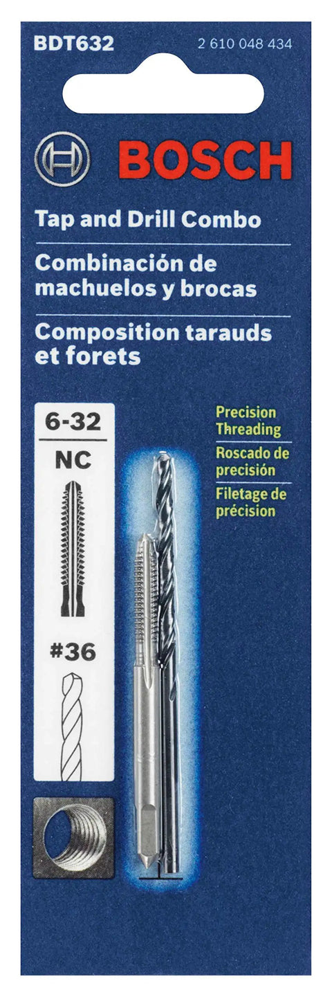 Precision 6-32 Plug Tap And No. 36 Drill Bit Combo Set For Right Hand Threads with tools on packaging for workshop use.