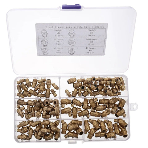 Grease Fitting Set M8 M10 Assortment With Straight And 45 Degree Zerk Nipples For Auto And Machinery Copper Metal Grease Nipples Kit