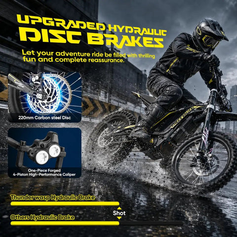 Heavy Duty 16000 Watt Electric Dirt Bike For Adults featuring upgraded hydraulic disc brakes on a wet trail.