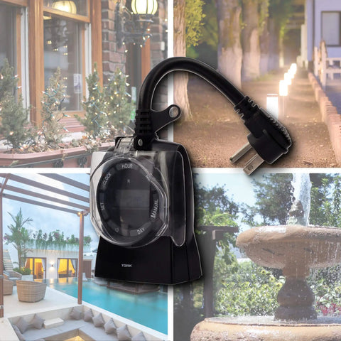Heavy Duty Outdoor Digital Plug And Play Timer With 15 Amp Capacity And Slick 24 Hour Seven Day Programmable Schedule For Yard Sprinkler And Landscape Lighting Controllers shown next to yard decor.