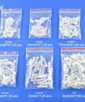 Lightweight Acrylic Screws And Nuts M6 Metric Hardware Kit 200 Pieces Assorted Lengths 8 To 25 Millimeters in transparent bags.