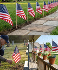 12 Pack 8x12 Inch All American Flags On Sticks With Wood Poles And Kid Safe Spear Tops displayed along a garden path and porch.