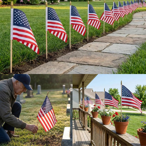 12 Pack 8x12 Inch All American Flags On Sticks With Wood Poles And Kid Safe Spear Tops displayed along a garden path and porch.