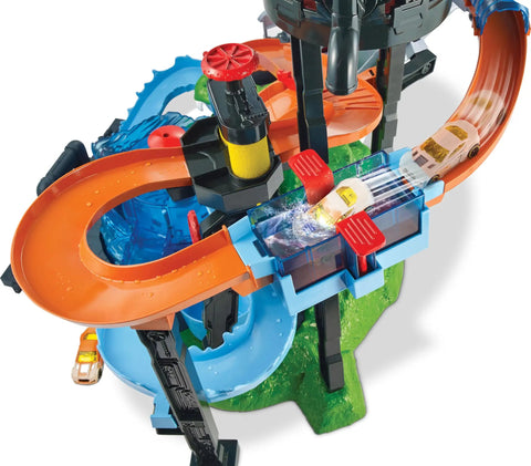 City Car Wash Play Set With Giant Gator Color Change Fun Elevator Lift And Rolling Brush Track For Kids To Wash Cars And Build Imaginative Adventures Today with vibrant orange tracks and splash effect.