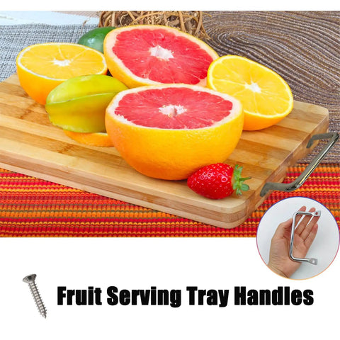 Straight Ahead Stainless Steel Tray Handles Set Of 4 With Comfy Angled Grip And Clean Silver Look Great For Kitchen Drawer Upgrades Custom Cutting Boards And Crowd Pleasing Charcuterie Displays with fruit on wooden board.