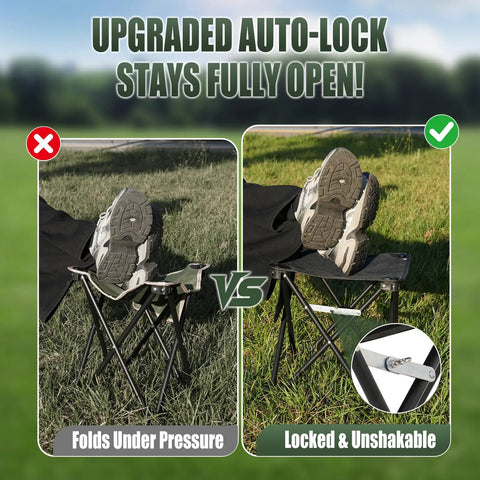 Comparison of Two Pack Folding Camping Stool With Upgraded Latch Buckle showing stability differences on grass