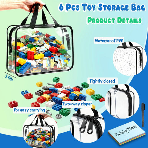 Six Pack Clear Toy Storage Bags With Double Zippers Waterproof PVC, space-saving design with handles holding various colorful blocks.