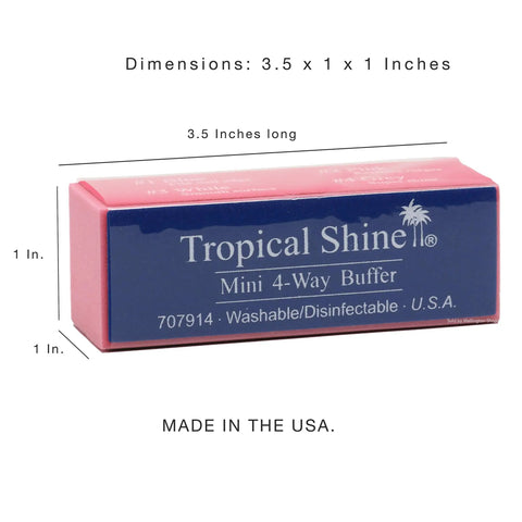 4 Way Nail Buffer Block 2 Pack For Shaping Smoothing And Polishing Nails Like A Pro, dimensions labeled, made in USA