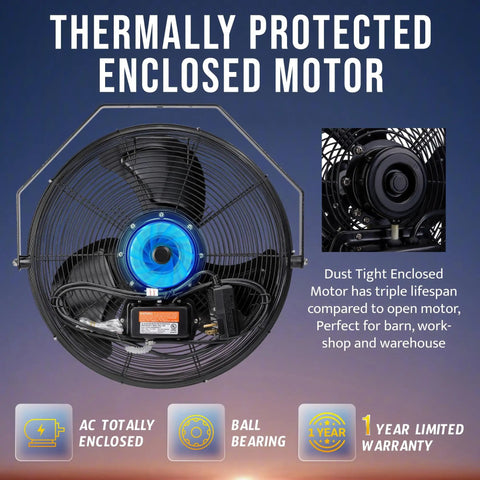 Outdoor 18 Inch High Velocity Metal Wall Mount Fan IPX4 Water Resistant With 3 Speed Settings shown from front with enclosed motor