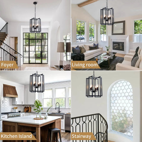 Dope Farmhouse Lantern Chandelier Black Light Fixture Four Light Rustic Industrial Pendant Lighting in various home settings