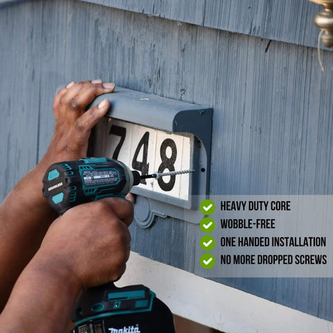 Person using Velocity Exterior 1 1/2 Wood Screws DIY Pack (Size #8) Fence Screws for Wood to install address plaque