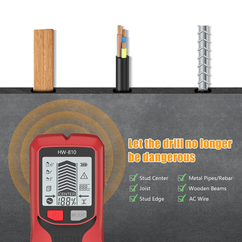 Professional Handheld Wall and Metal Detector Wall Scanner with LCD Screen detecting hidden structures and wires in wall.