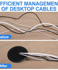 Before and After image of 2 Pack 3.5 Inch Desk Grommets Black ABS Hole Covers for organized cable management.