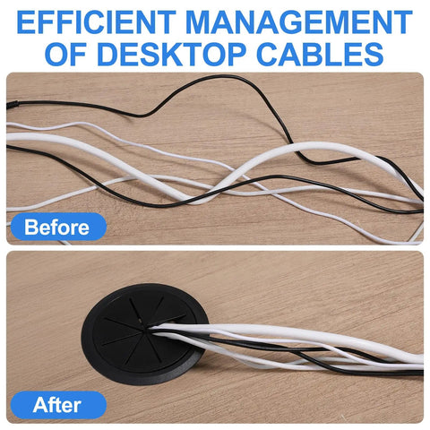 Before and After image of 2 Pack 3.5 Inch Desk Grommets Black ABS Hole Covers for organized cable management.