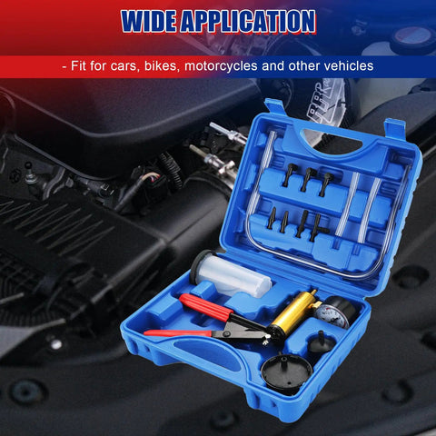 2 In 1 Handheld Vacuum Pump Brake Bleeder Kit For Motorcycle With Vacuum Gauge And 0 To 30 In Hg Range For Precise Brake Bleeding Auto Diagnostics Includes Adapters And Quick Connect Fittings, blue case
