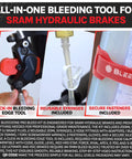 SRAM Compatible Hydraulic Brake Bleed Kit showing bleeding edge tool, reusable syringes, and secure fasteners