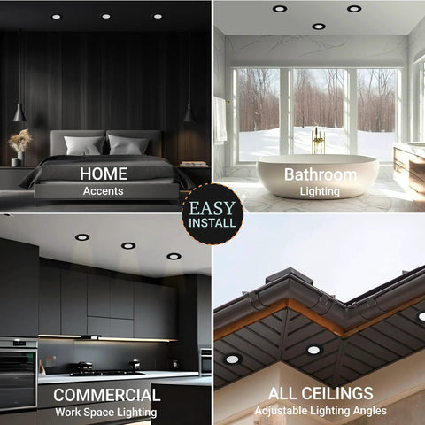 4 Inch Black Gimbal LED Recessed Lighting Kit with Slick Adjustable Lens for Sloped Ceilings, multiple room examples