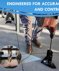 Smooth Operator Hammer Drill Guide For Pool Fences with Pro Level Bubble Indicator, showing drill in use on concrete.