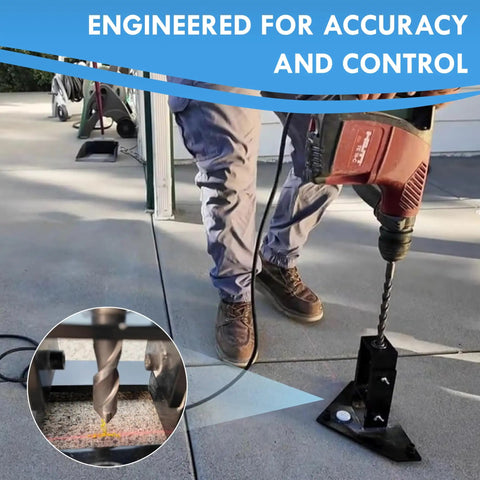 Smooth Operator Hammer Drill Guide For Pool Fences with Pro Level Bubble Indicator, showing drill in use on concrete.