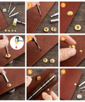 Steps to install Leather Snap Fasteners Kit With 20 Sets Of 15mm Press Studs And Setter Tools In Gold for fabric projects.