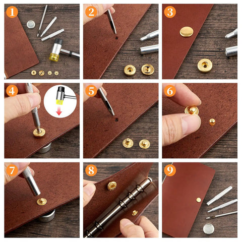 Steps to install Leather Snap Fasteners Kit With 20 Sets Of 15mm Press Studs And Setter Tools In Gold for fabric projects.