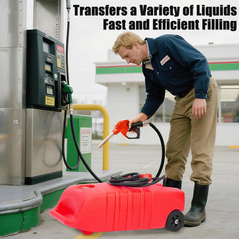 14 Gallon Gas Caddy With Transfer Pump And 10 Foot Hose being filled by a man at a gas station