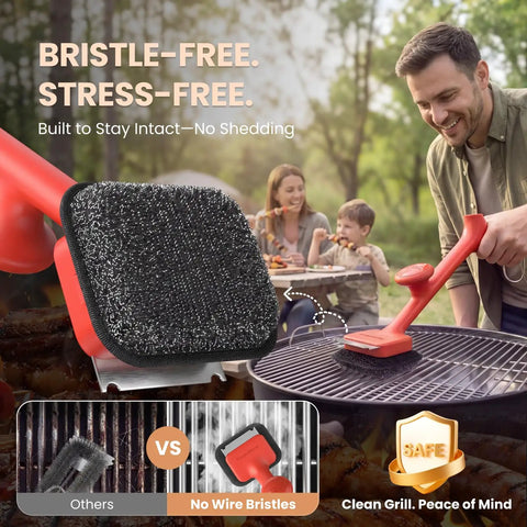 Bristle Free BBQ Grill Brush With 17 Inch Cool Touch Handle Steam Cleaner used on charcoal grill with family outdoors.
