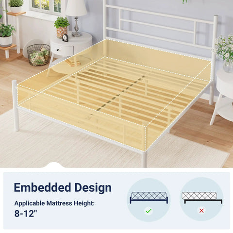 Built Tough Full Size Metal Bed Frame With Classic Headboard And Footboard In Crisp White, showing embedded design and slatted support.