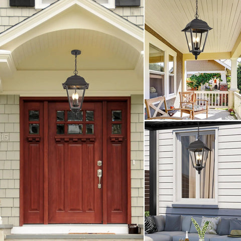 Large Outdoor Pendant Light With Two Lights, 13 Inch Tall Modern Black Exterior Hanging Fixture With Clear Glass, Weatherproof IP65 Rated, Anti Rust Outdoor Ceiling Mount Chandelier For Porch Farmhouse Entryway