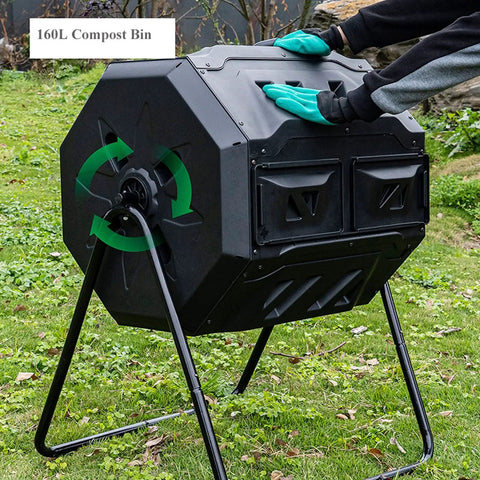 Dual Chamber Outdoor Tumbling Compost Bin With Lid, Rotating Compost Tumbler For Garden, Kitchen Or Yard Waste, 160L 42 Gallon