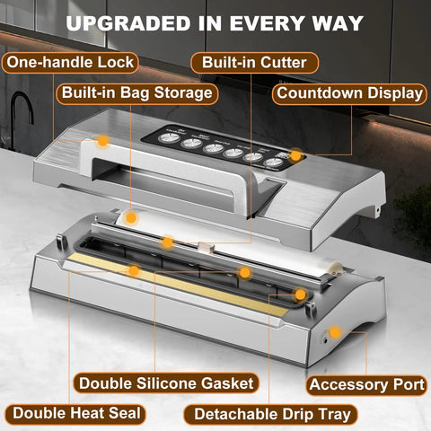 Pro Grade Food Vacuum Sealer Machine Fully Automatic Sealing System With Double Heat Seal Technology and Easy Lock Handle