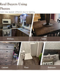 Real photos of Dark Walnut Wood Peel And Stick Wallpaper Roll 590 Inch Long Seventeen Point Seven Inch Wide Self Adhesive Plank Grain Waterproof Thickened Removable Rustic Vintage Texture For Cabinets And Walls in various home settings.