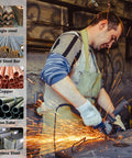 Man cutting metal with heavy duty 4.5 inch stainless steel cutting wheel 100 pack 3/64 inch thick 7/8 inch arbor zirconia oxide for die grinder.