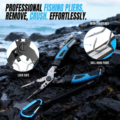7 Piece Fishing Tools Kit With Corrosion Resistant Pliers Floating Lip Gripper Fishing Knife And Line Cutter The Must Have Angler Gear For Men Gifts For Fishermen on wet rocks with close-ups of features