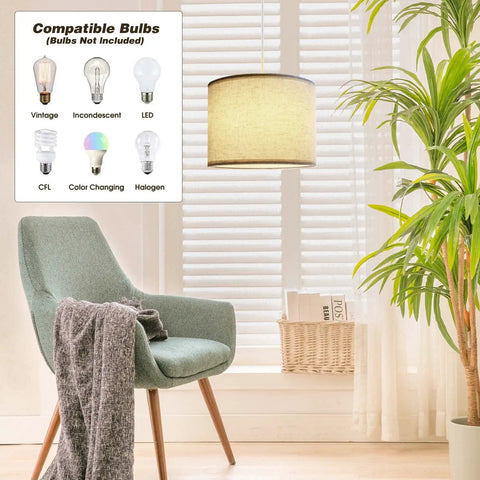 Plug In Pendant Light With 15 Foot Cord And On Off Switch, Easy No Hardwiring Hanging Lamp With Fabric Shade in a cozy living room
