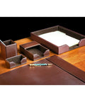 Bonded Leather Desk Set With Luxury Leather Desk Pad And Five Piece Organization Accessories In Dark Brown For A Boss Level Office Vibe