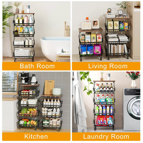 Five Tier Stackable Fruit And Veggie Storage Baskets With Wheels in bathroom, living room, kitchen, and laundry room settings