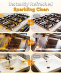 Before and after images of kitchen cleaning showing stains on stove, exhaust, and sink removed using effective methods.