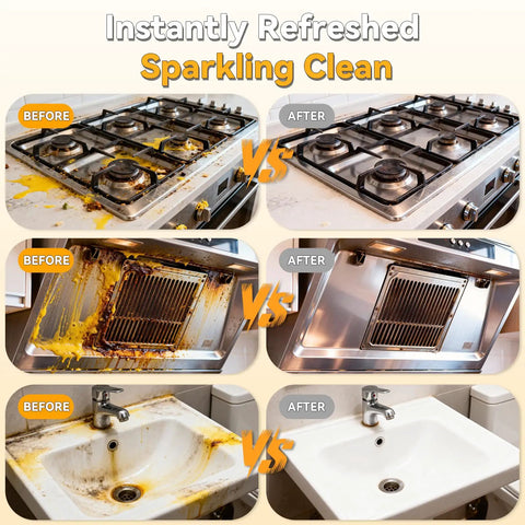Before and after images of kitchen cleaning showing stains on stove, exhaust, and sink removed using effective methods.