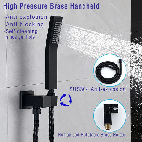 Dope Matte Black Wall Mounted Shower Faucet Set With 10 Inch Rain Shower Head, handheld shower, brass holder close-up